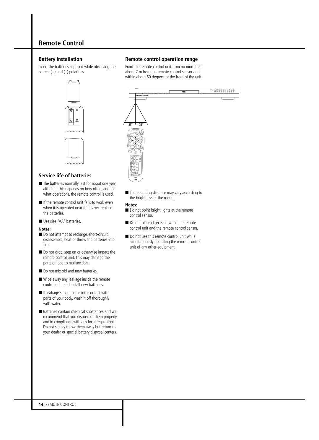 Harman-Kardon DVD22B Remote Control, Battery installation, Service life of batteries, Remote control operation range 