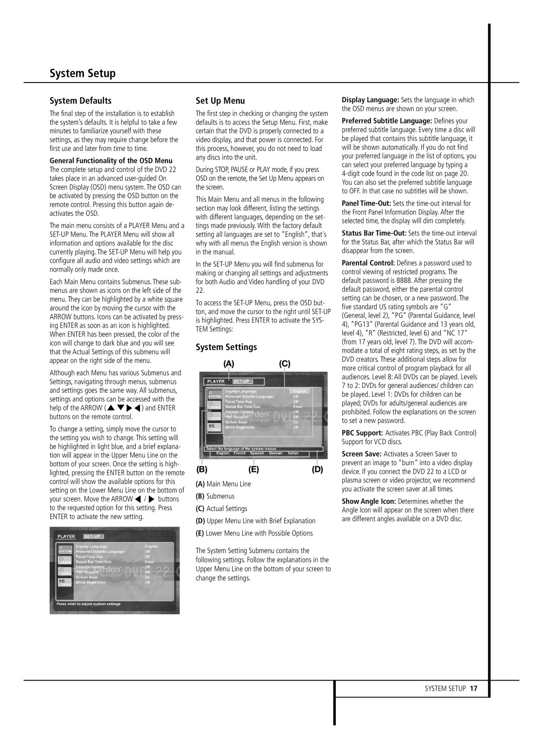 Harman-Kardon DVD22B owner manual System Setup, System Defaults, Set Up Menu, System Settings 
