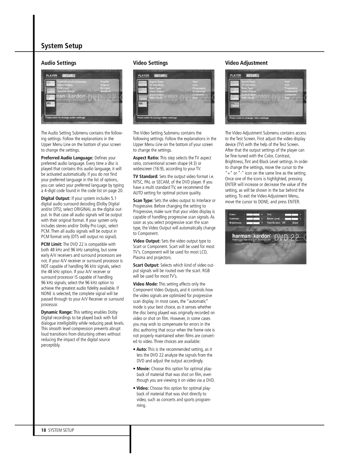 Harman-Kardon DVD22B owner manual Audio Settings Video Settings, Video Adjustment 
