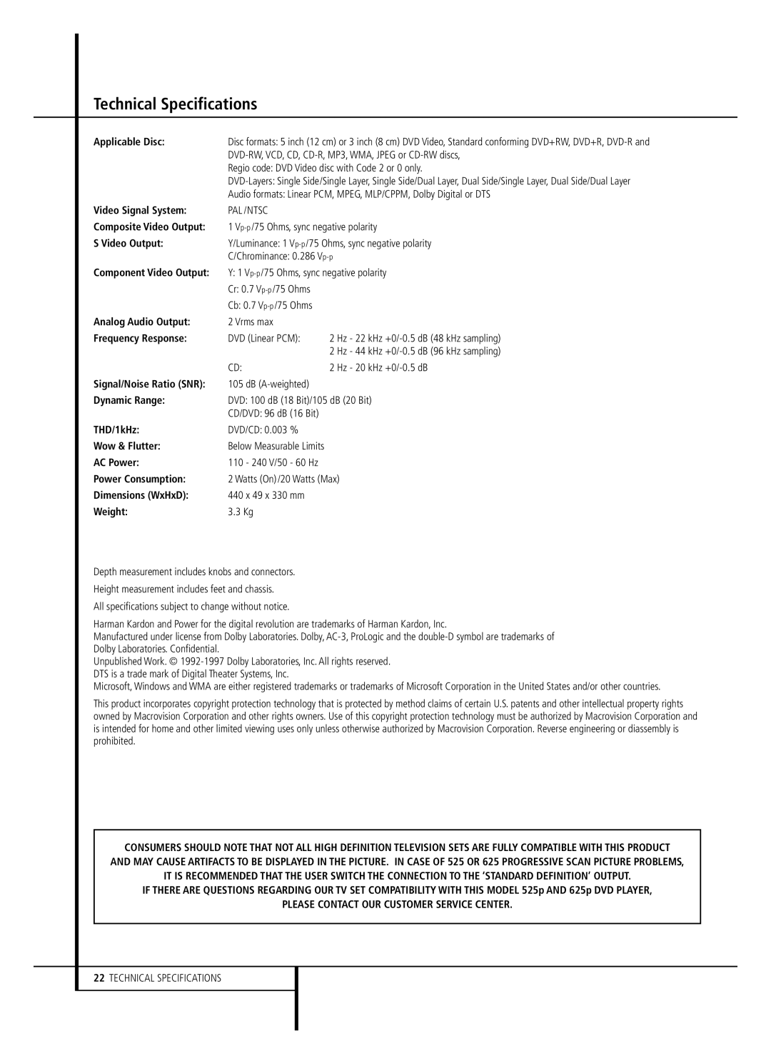 Harman-Kardon DVD22B owner manual Technical Specifications 