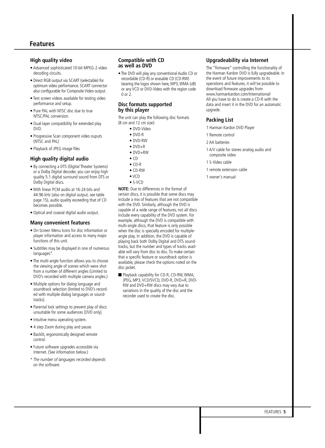 Harman-Kardon DVD22B owner manual Features 