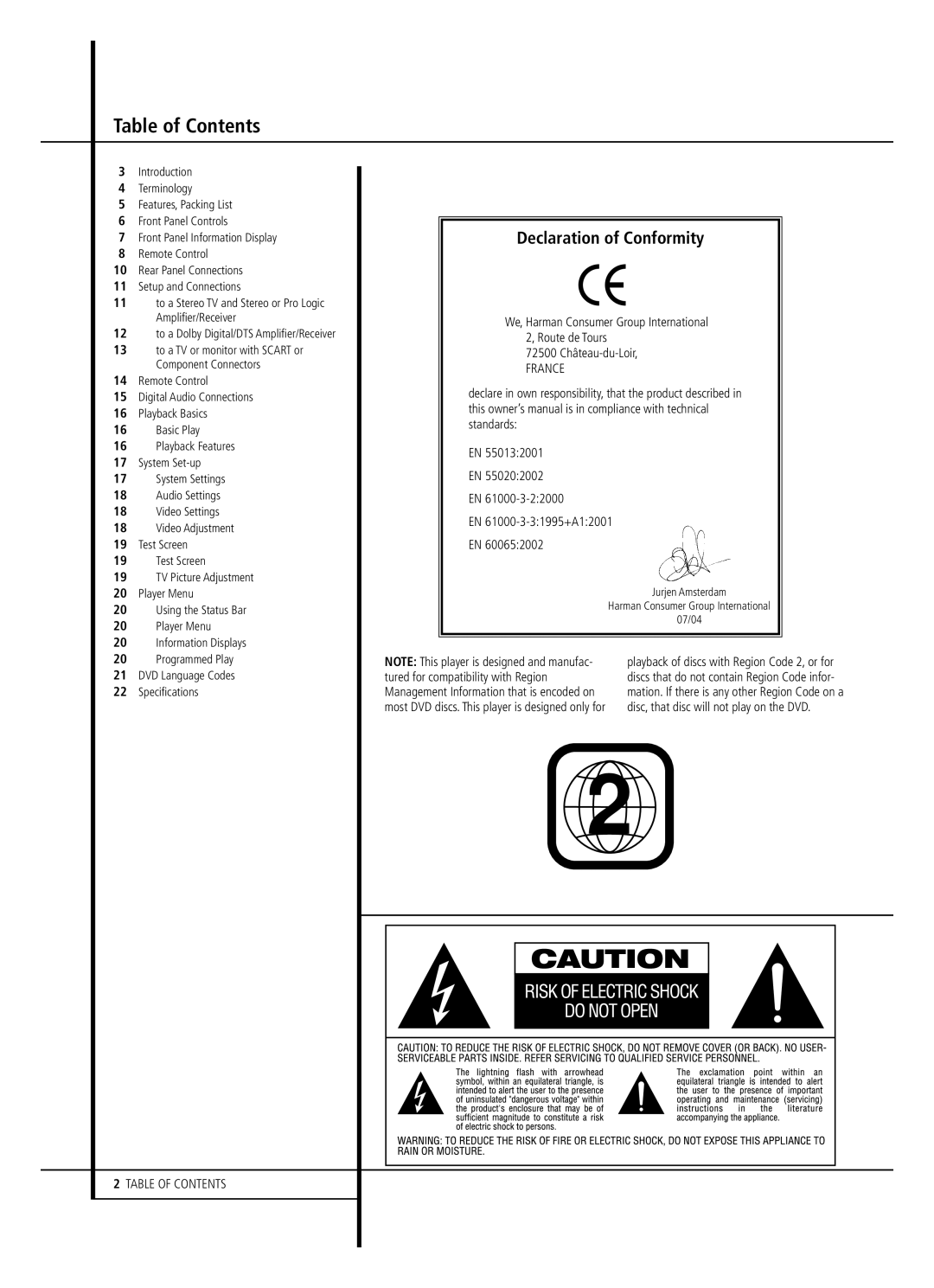 Harman-Kardon DVD22B owner manual Table of Contents, Declaration of Conformity 