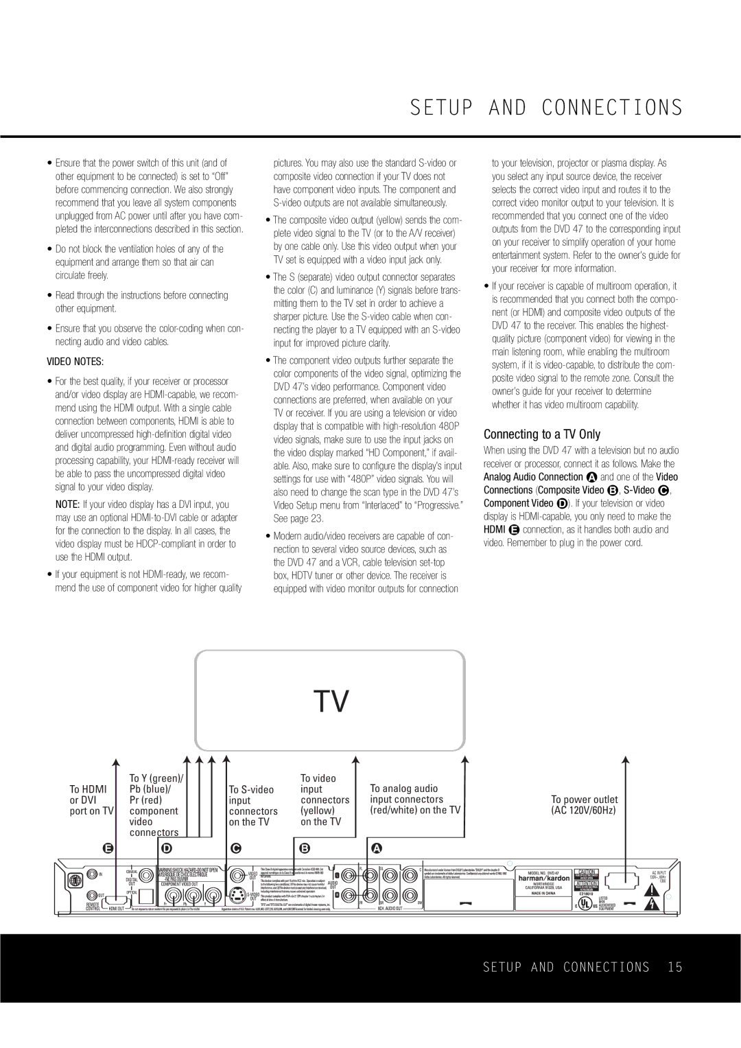 Harman-Kardon DVD47 owner manual Setup and Connections, Connecting to a TV Only, Video Notes 