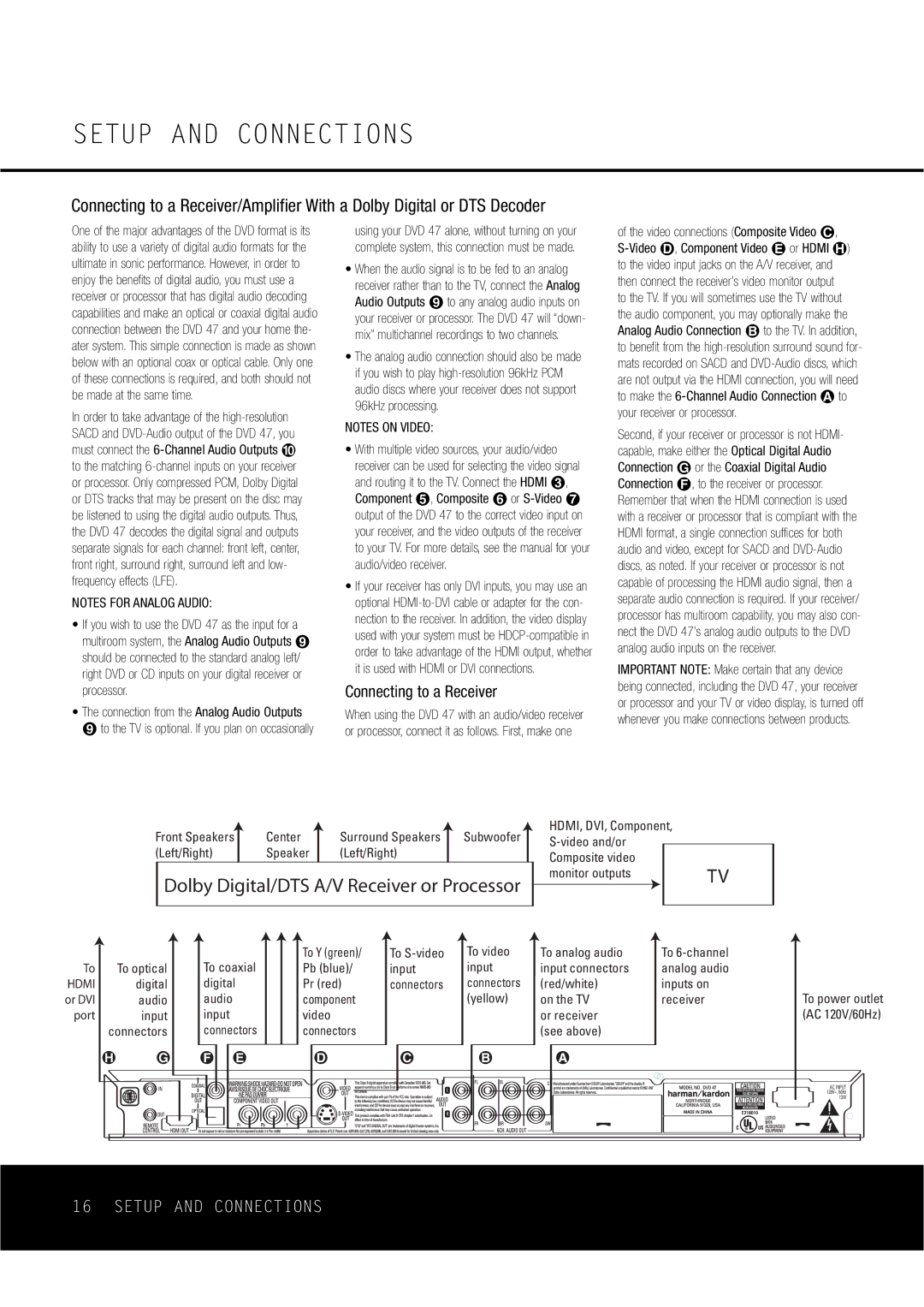 Harman-Kardon DVD47 owner manual Dolby Digital/DTS A/V Receiver or Processor, Connecting to a Receiver 