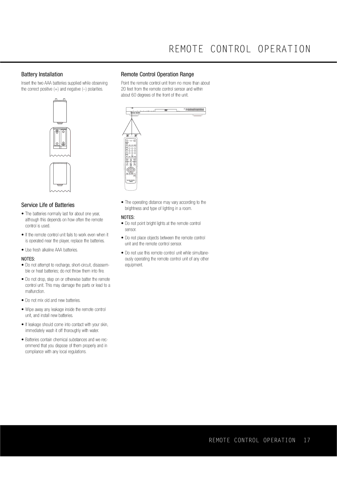 Harman-Kardon DVD47 owner manual Battery Installation, Remote Control Operation Range, Service Life of Batteries 