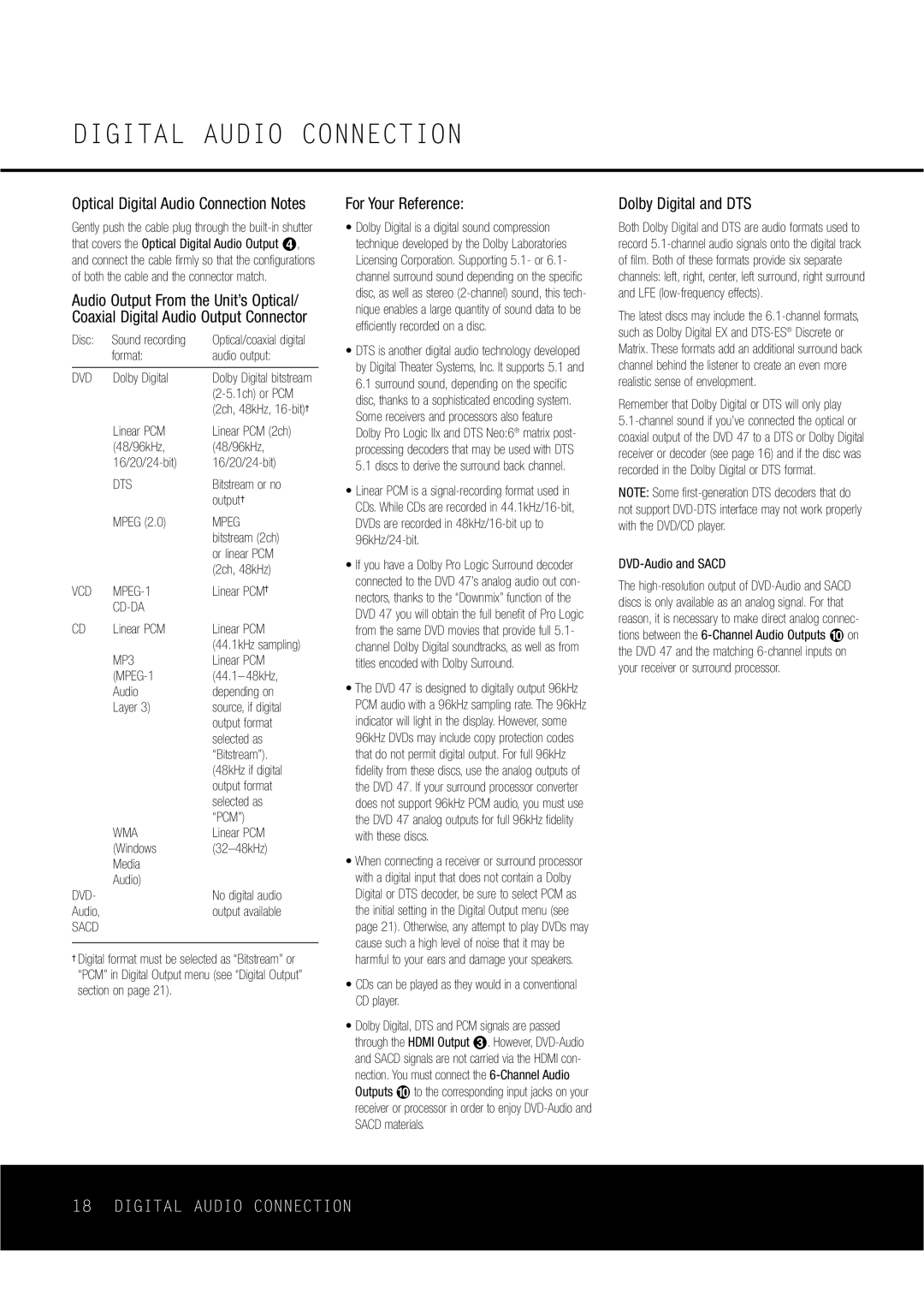 Harman-Kardon DVD47 owner manual Digital Audio Connection, For Your Reference, Dolby Digital and DTS 