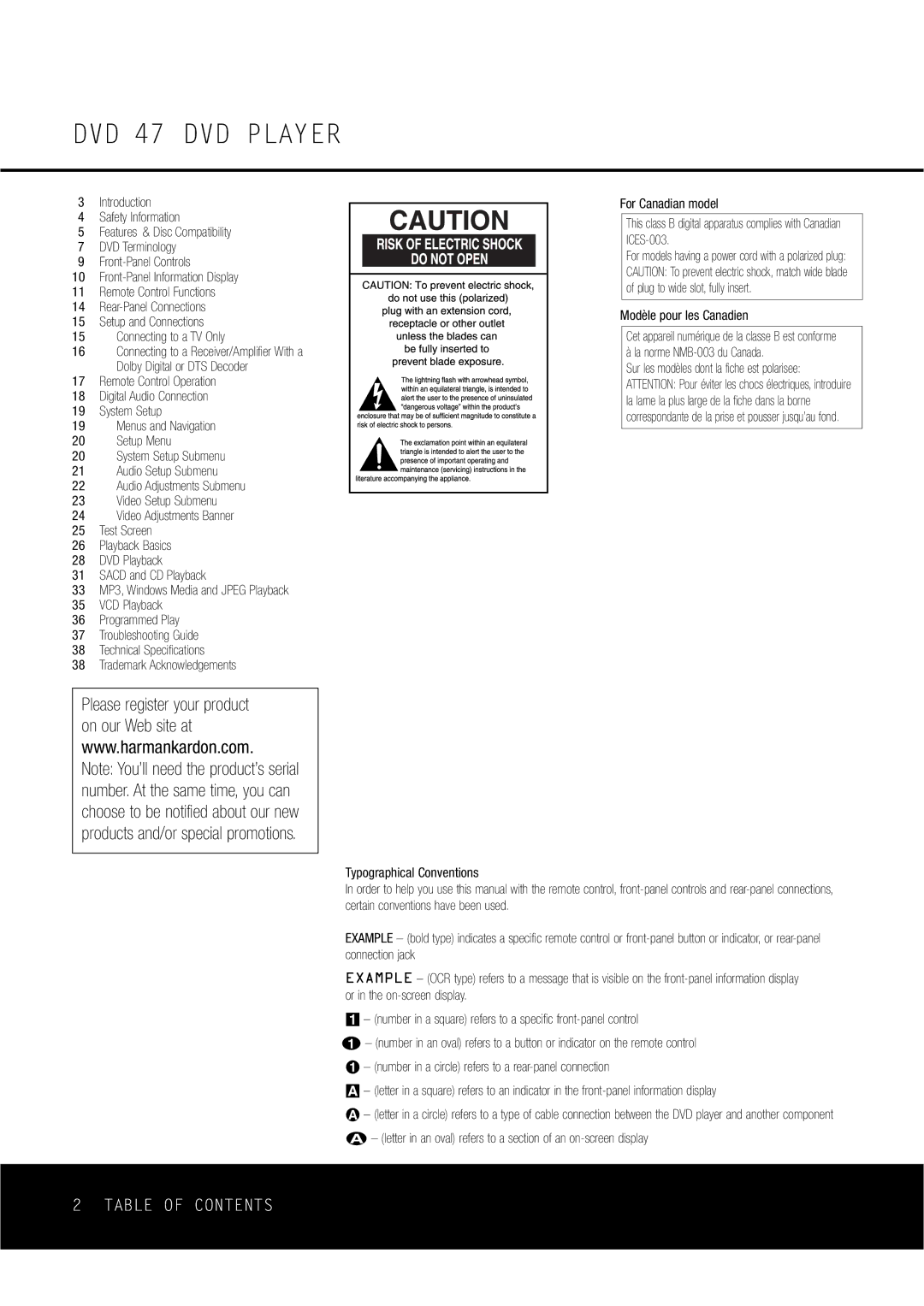 Harman-Kardon DVD47 owner manual DVD 47 DVD Player, Table of Contents 