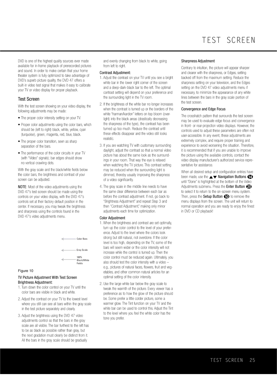 Harman-Kardon DVD47 owner manual Test Screen, Color Adjustment, Sharpness Adjustment, Convergence and Edge Focus 