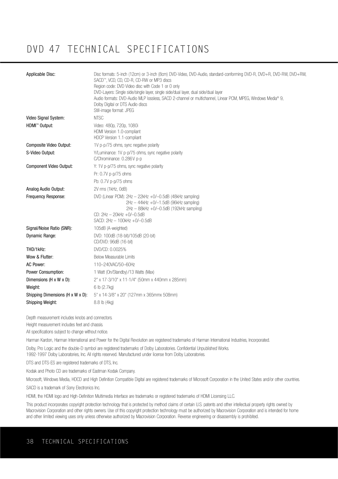 Harman-Kardon DVD47 owner manual DVD 47 Technical Specifications, Ntsc 