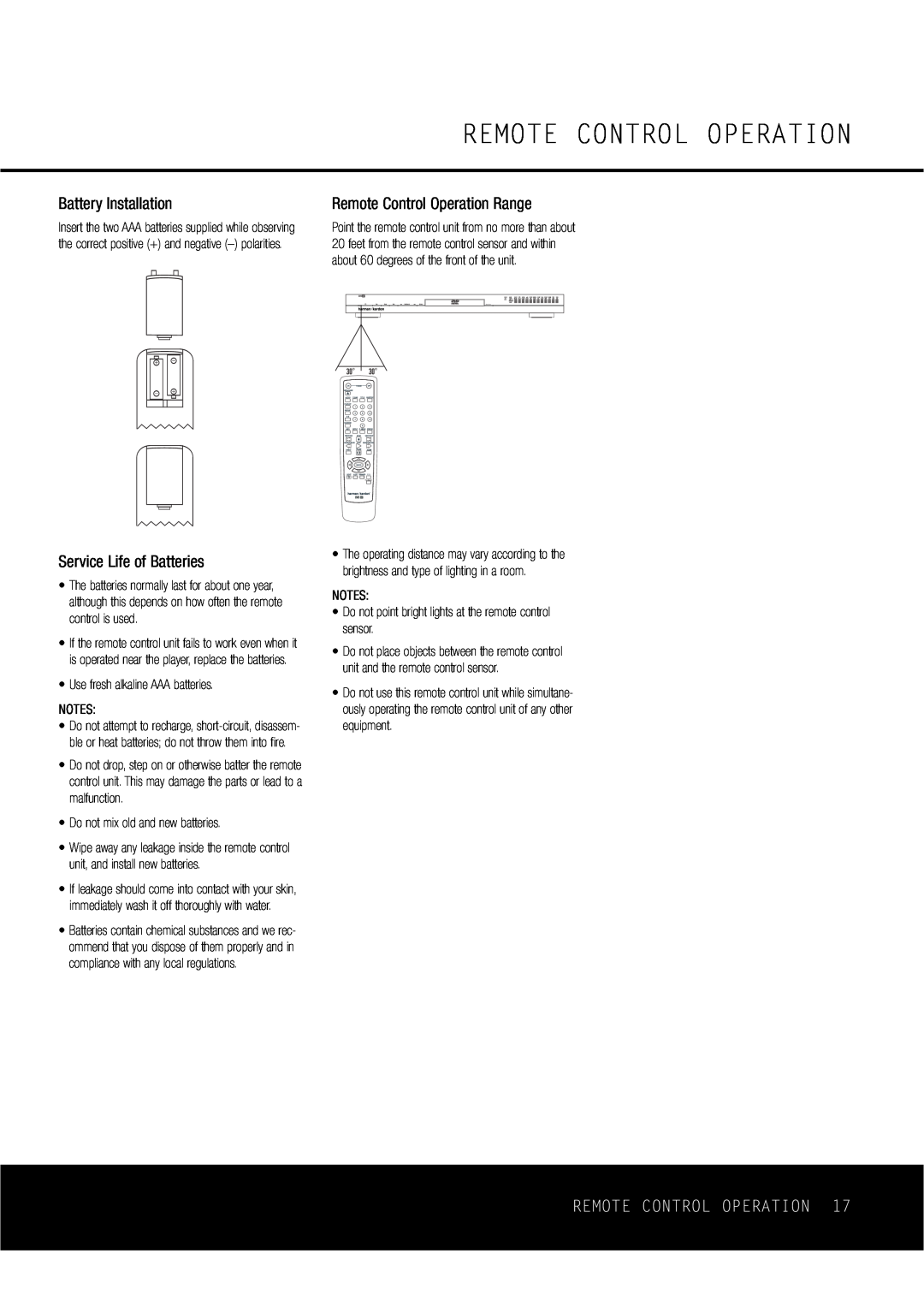Harman-Kardon DVD47 owner manual Battery Installation, Remote Control Operation Range, Service Life of Batteries 