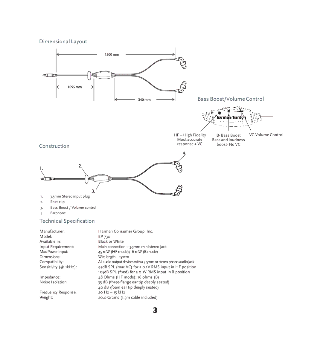 Harman-Kardon EP 730 manual Dimensional Layout Bass Boost/Volume Control, Construction, Technical Specification 