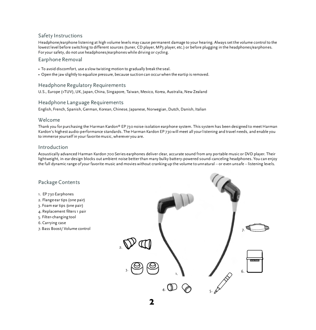 Harman-Kardon EP 730 manual Safety Instructions, Earphone Removal, Headphone Regulatory Requirements, Welcome, Introduction 