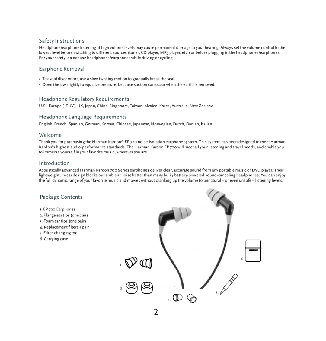 Harman-Kardon ep720 manual Safety Instructions, Earphone Removal, Headphone Regulatory Requirements, Welcome, Introduction 