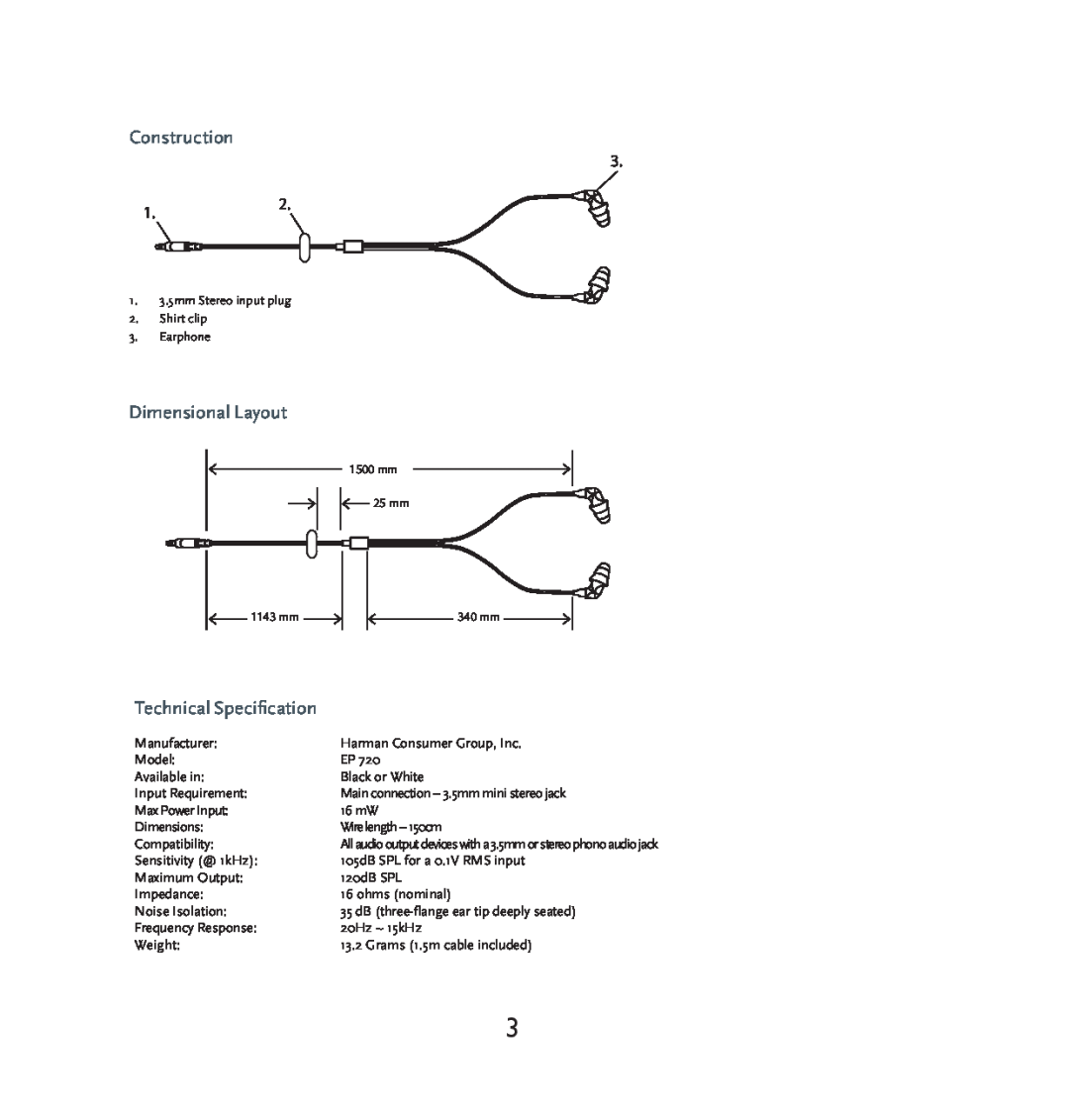 Harman-Kardon ep720 manual Construction, Dimensional Layout, Technical Specification 