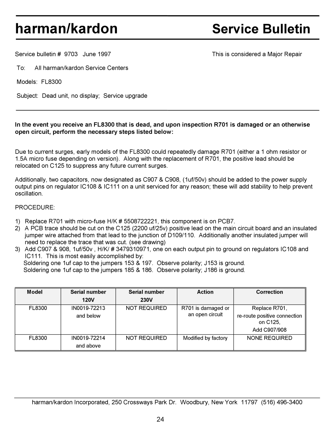 Harman-Kardon FL8300 service manual Service Bulletin 