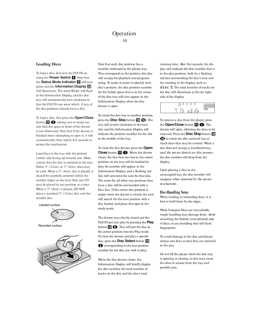 Harman-Kardon FL8350 owner manual Operation, Loading Discs, Disc-Handling Notes 