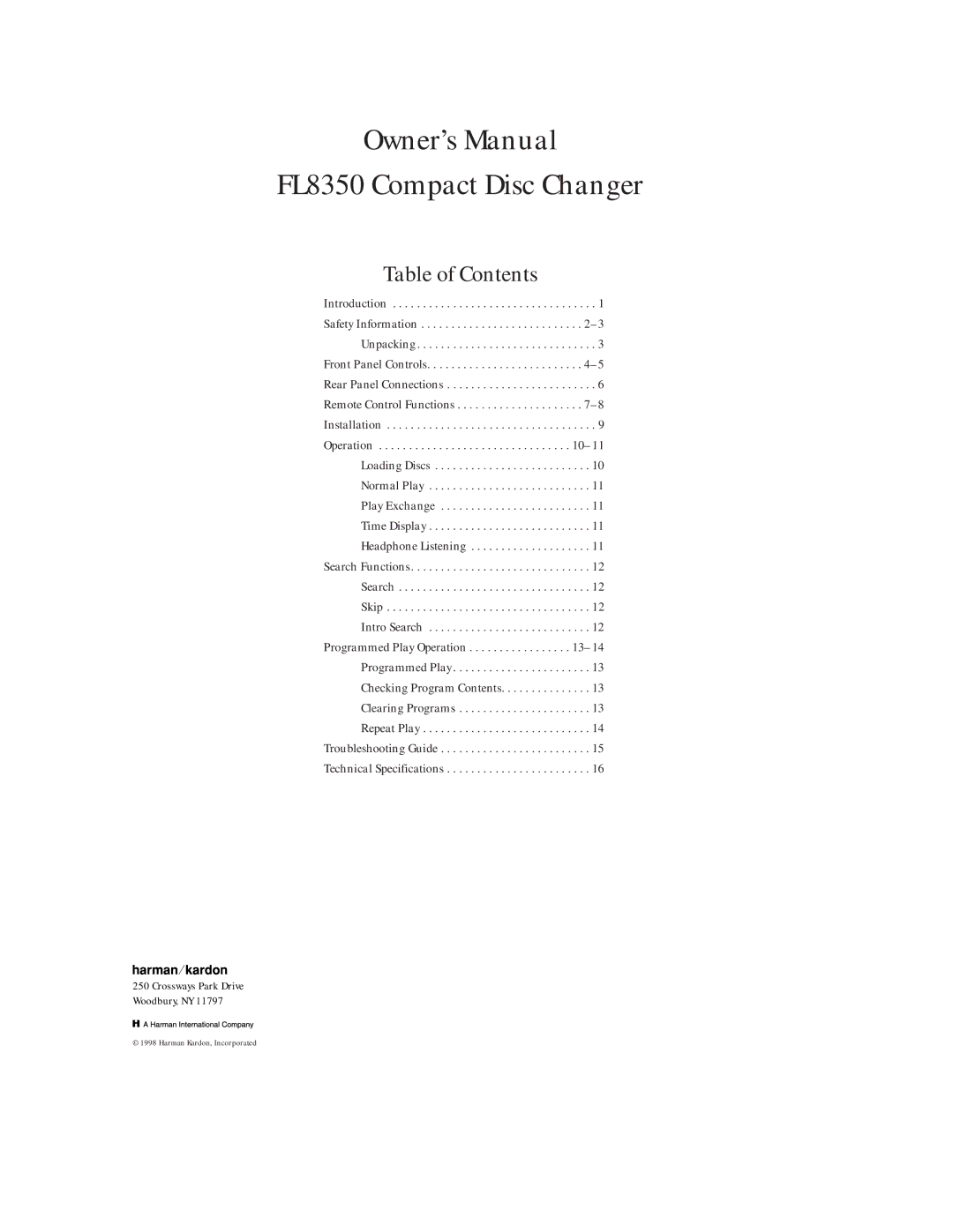 Harman-Kardon owner manual FL8350 Compact Disc Changer, Table of Contents 