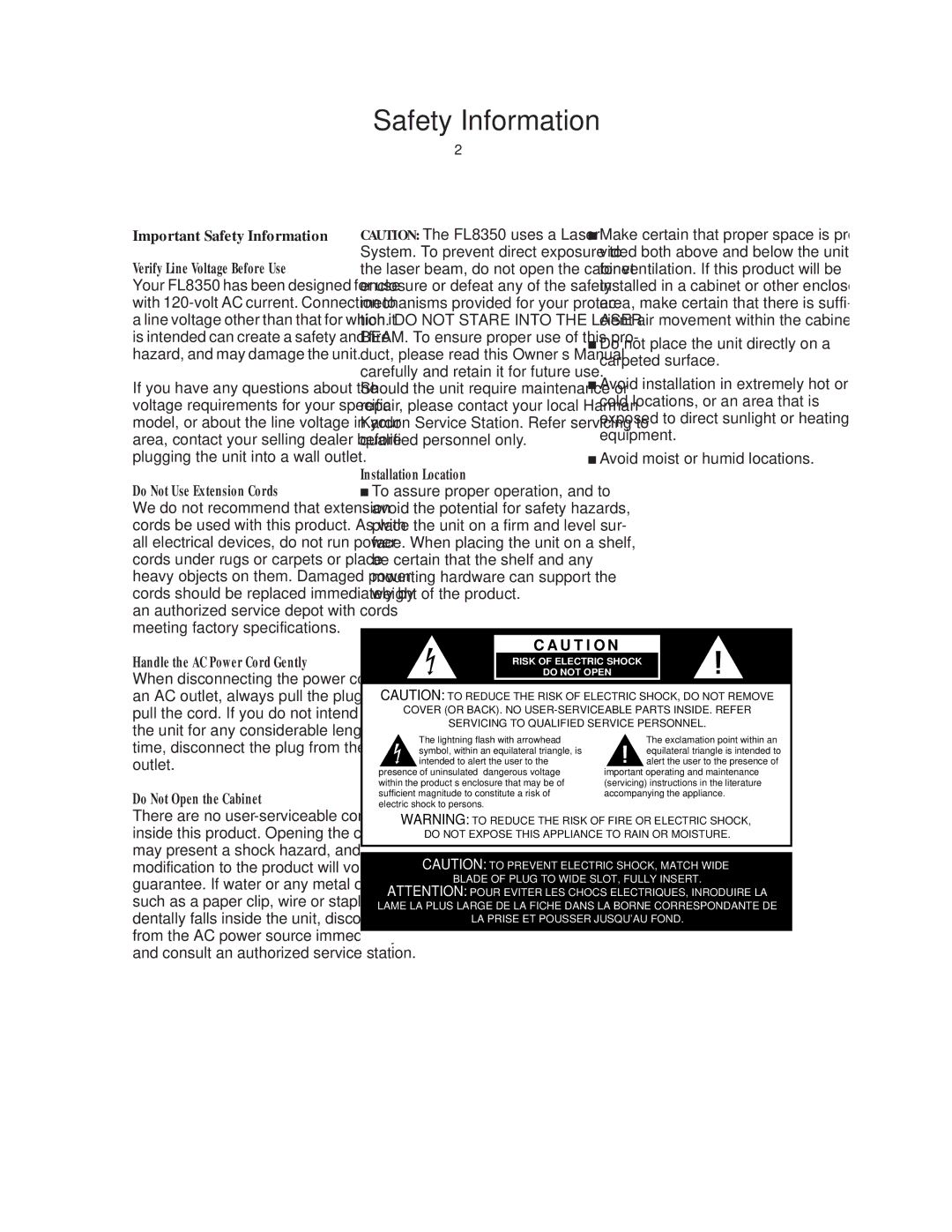 Harman-Kardon FL8350 owner manual Important Safety Information 