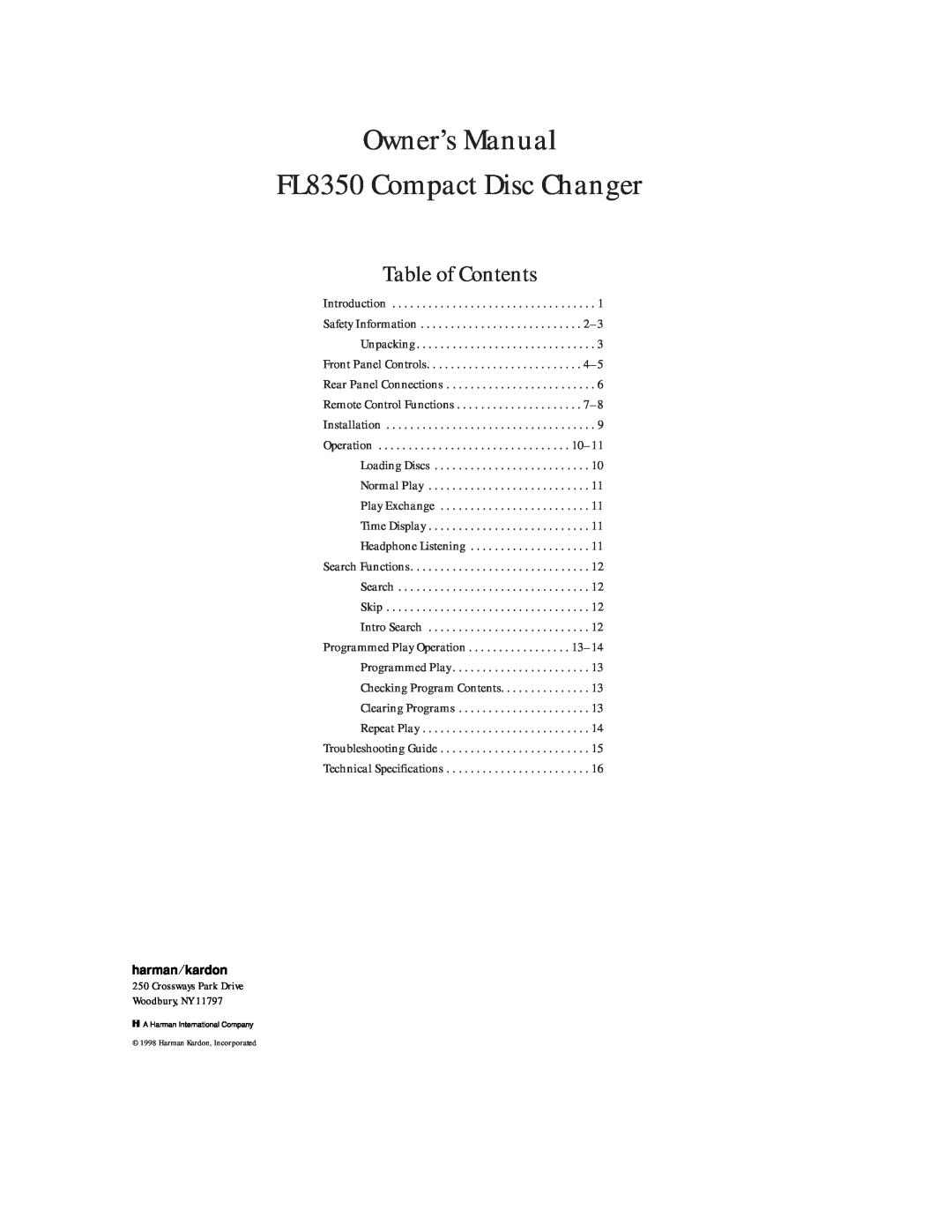 Harman-Kardon FL8350 owner manual Table of Contents 