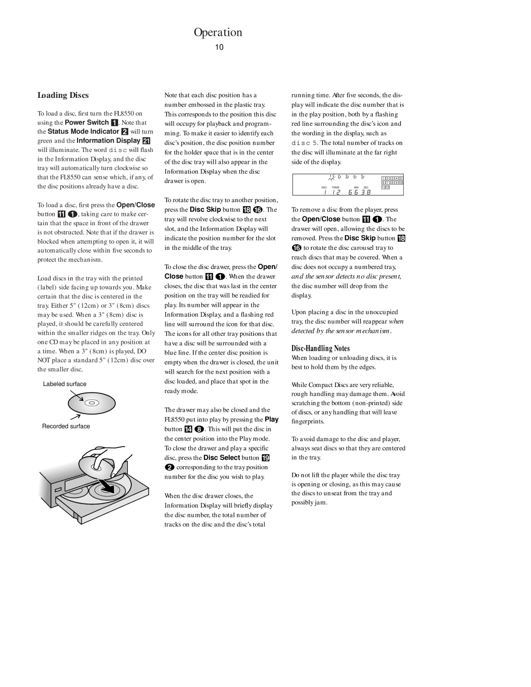 Harman-Kardon FL8550 owner manual Operation, Loading Discs, Disc-Handling Notes 