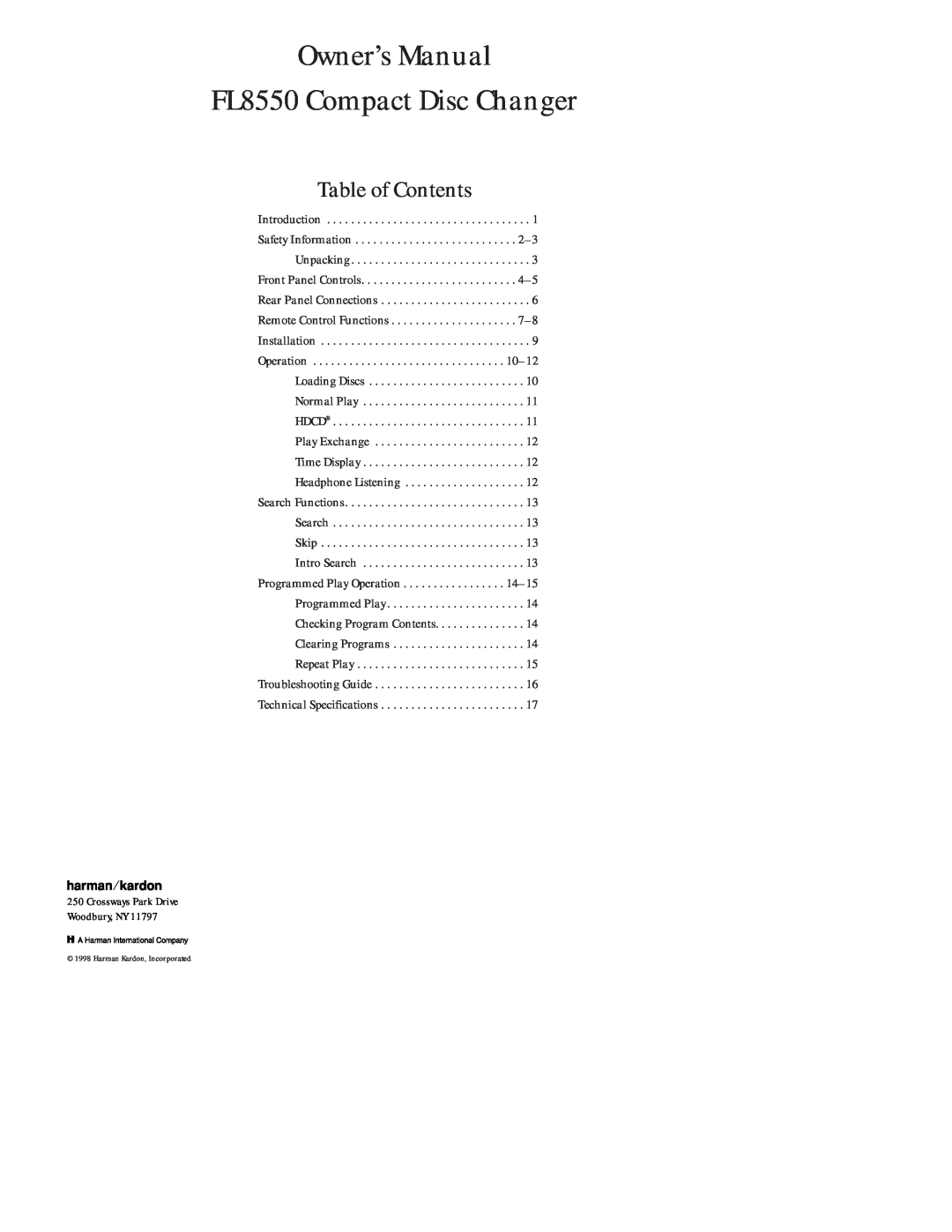 Harman-Kardon FL8550 owner manual Table of Contents 