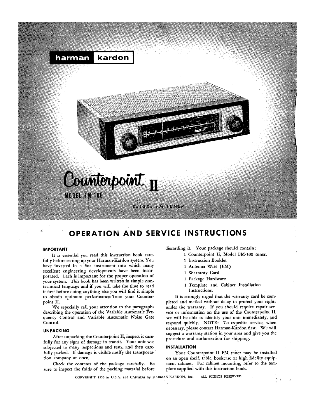 Harman-Kardon FM 100 manual 