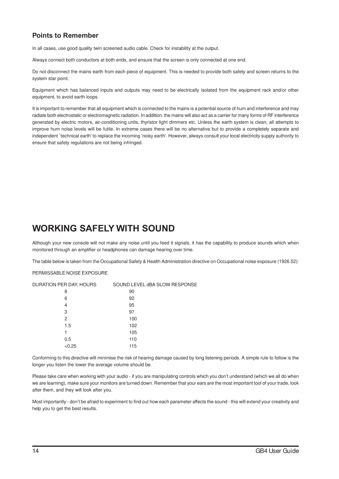 Harman-Kardon GB4 manual Working Safely with Sound, Points to Remember 