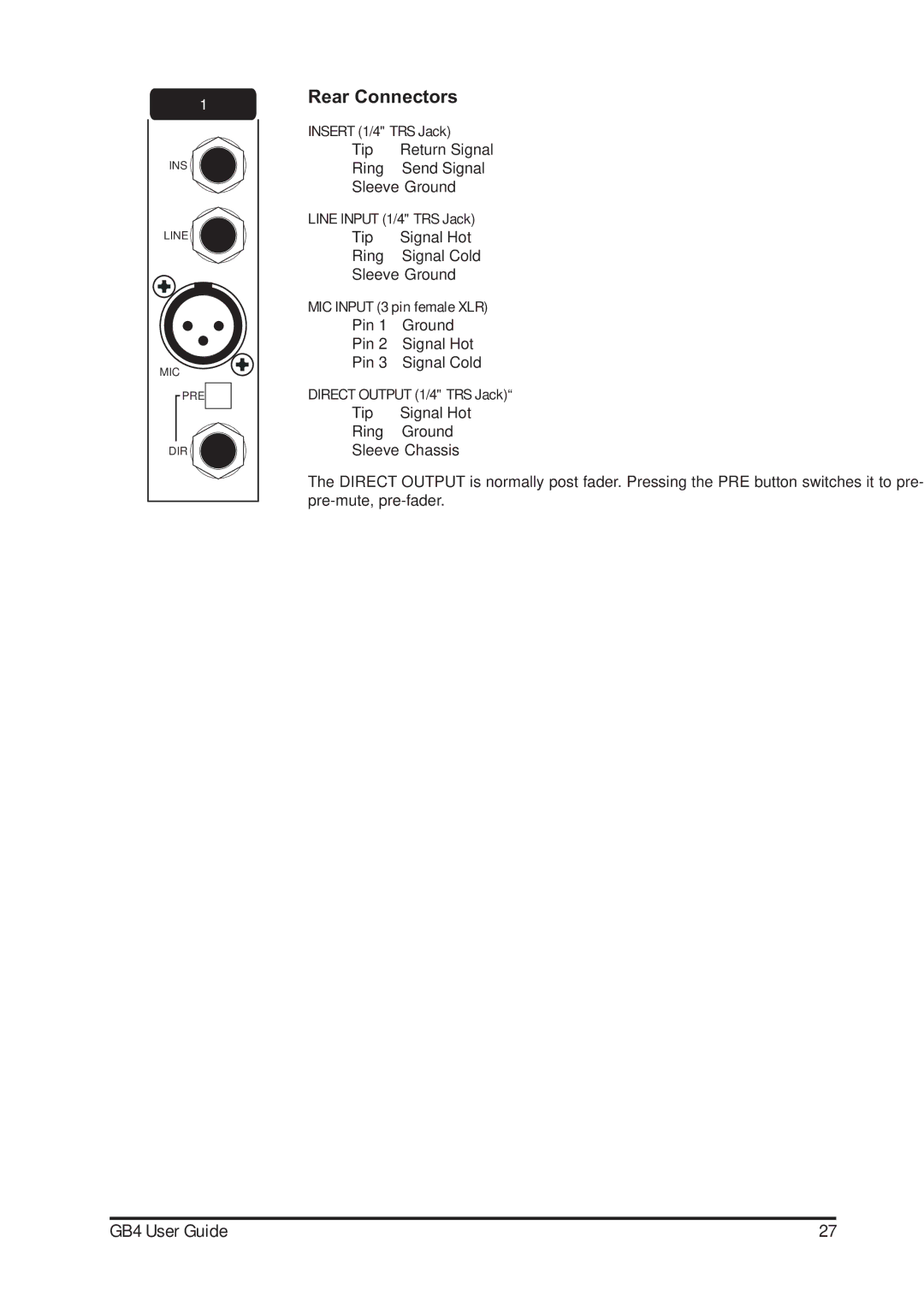 Harman-Kardon GB4 manual Rear Connectors, Insert 1/4 TRS Jack 