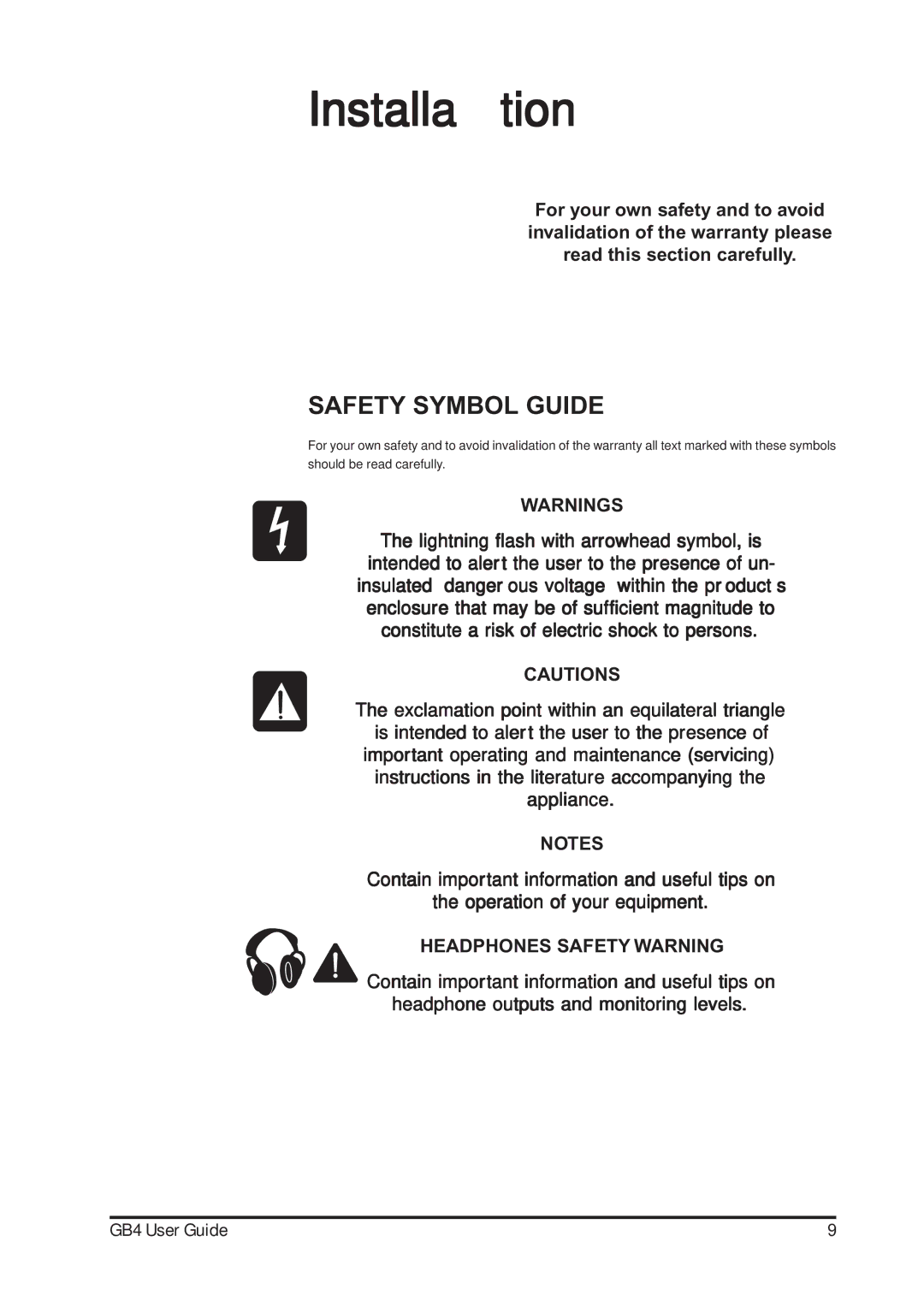 Harman-Kardon GB4 manual Installation, Safety Symbol Guide 