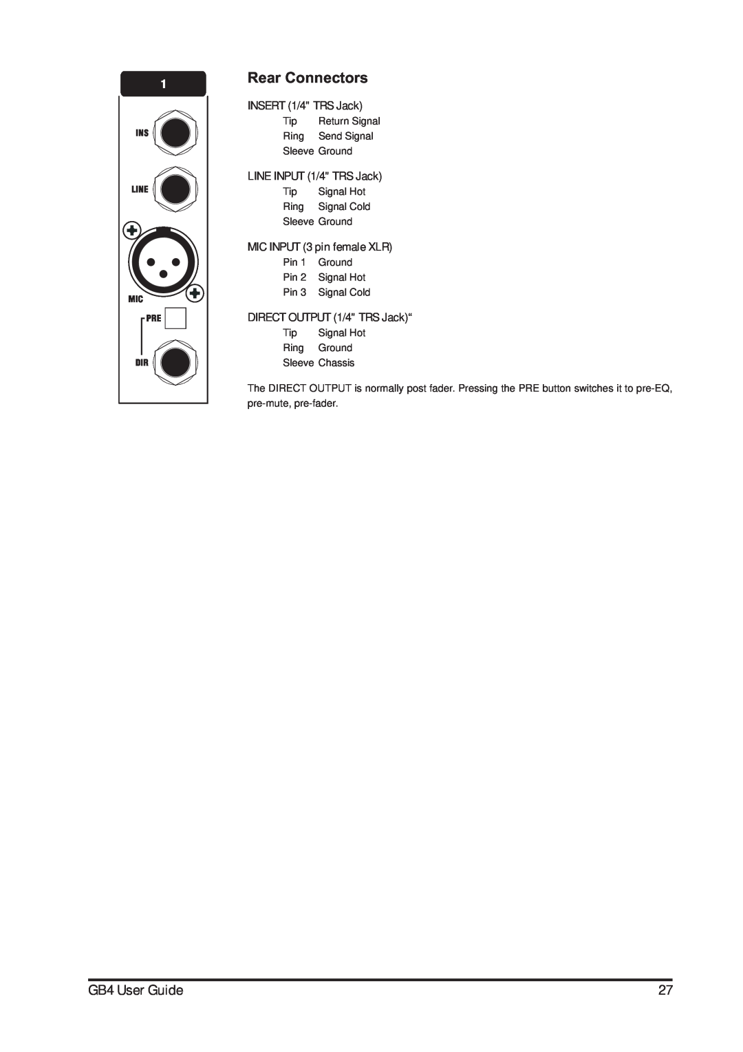 Harman-Kardon manual Rear Connectors, GB4 User Guide, INSERT 1/4 TRS Jack, MIC INPUT 3 pin female XLR 