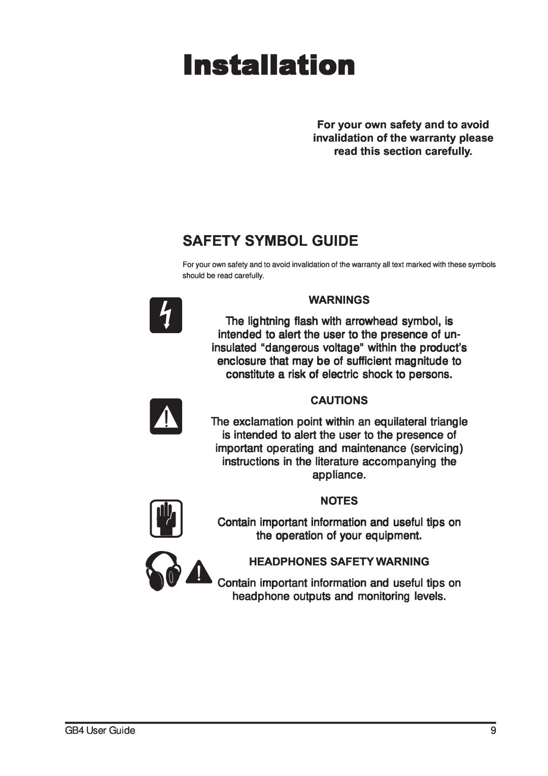 Harman-Kardon GB4 manual Installation, Safety Symbol Guide 