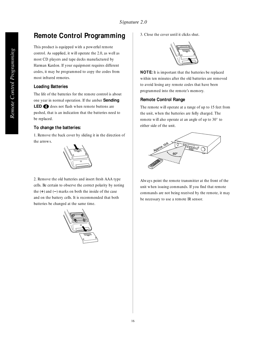 Harman-Kardon HA160-0004-A Remote Control Programming, Loading Batteries, To change the batteries, Remote Control Range 