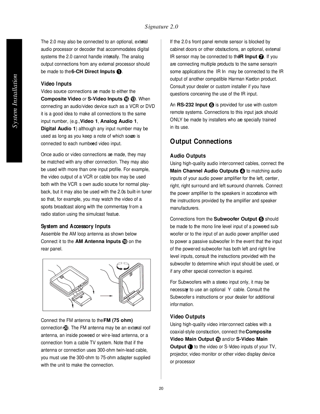 Harman-Kardon HA160-0004-A Output Connections, Video Inputs, System and Accessory Inputs, Audio Outputs, Video Outputs 