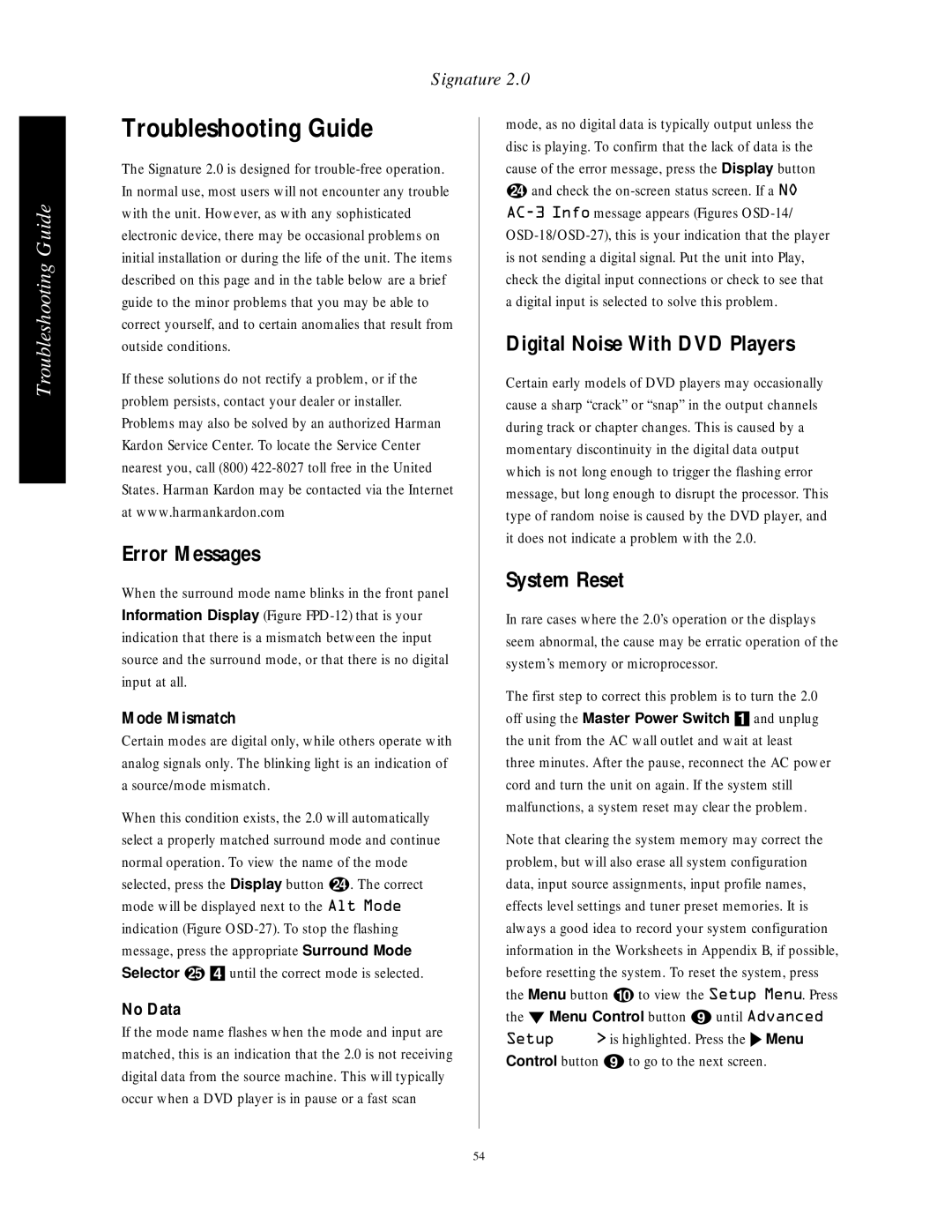 Harman-Kardon HA160-0004-A manual Troubleshooting Guide, Error Messages, Digital Noise With DVD Players, System Reset 