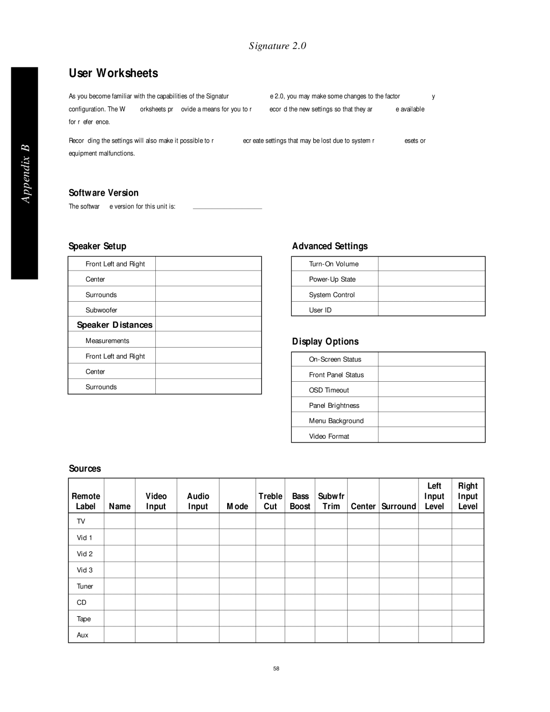 Harman-Kardon HA160-0004-A manual User Worksheets, Software Version, Sources 