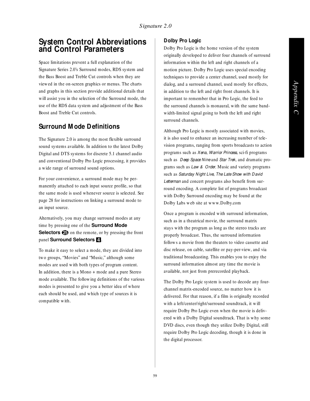 Harman-Kardon HA160-0004-A manual Surround Mode Definitions, Dolby Pro Logic 