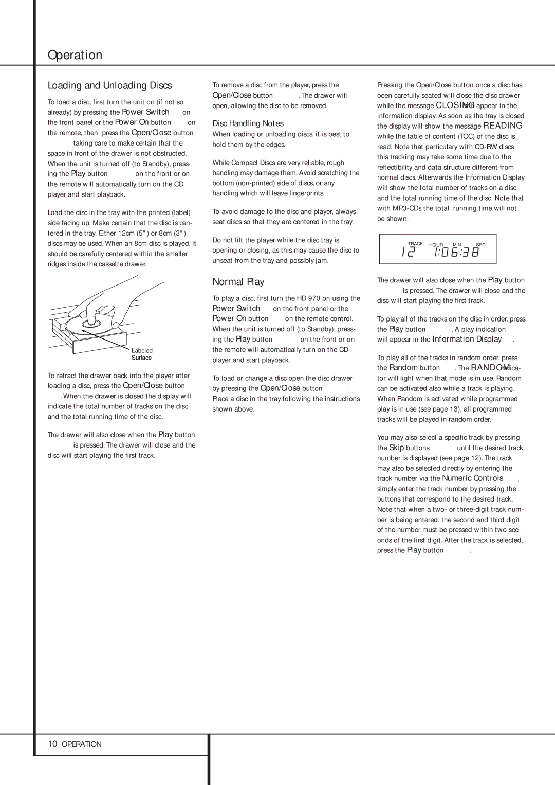 Harman-Kardon HD 970 owner manual Operation, Loading and Unloading Discs, Normal Play, Disc Handling Notes 