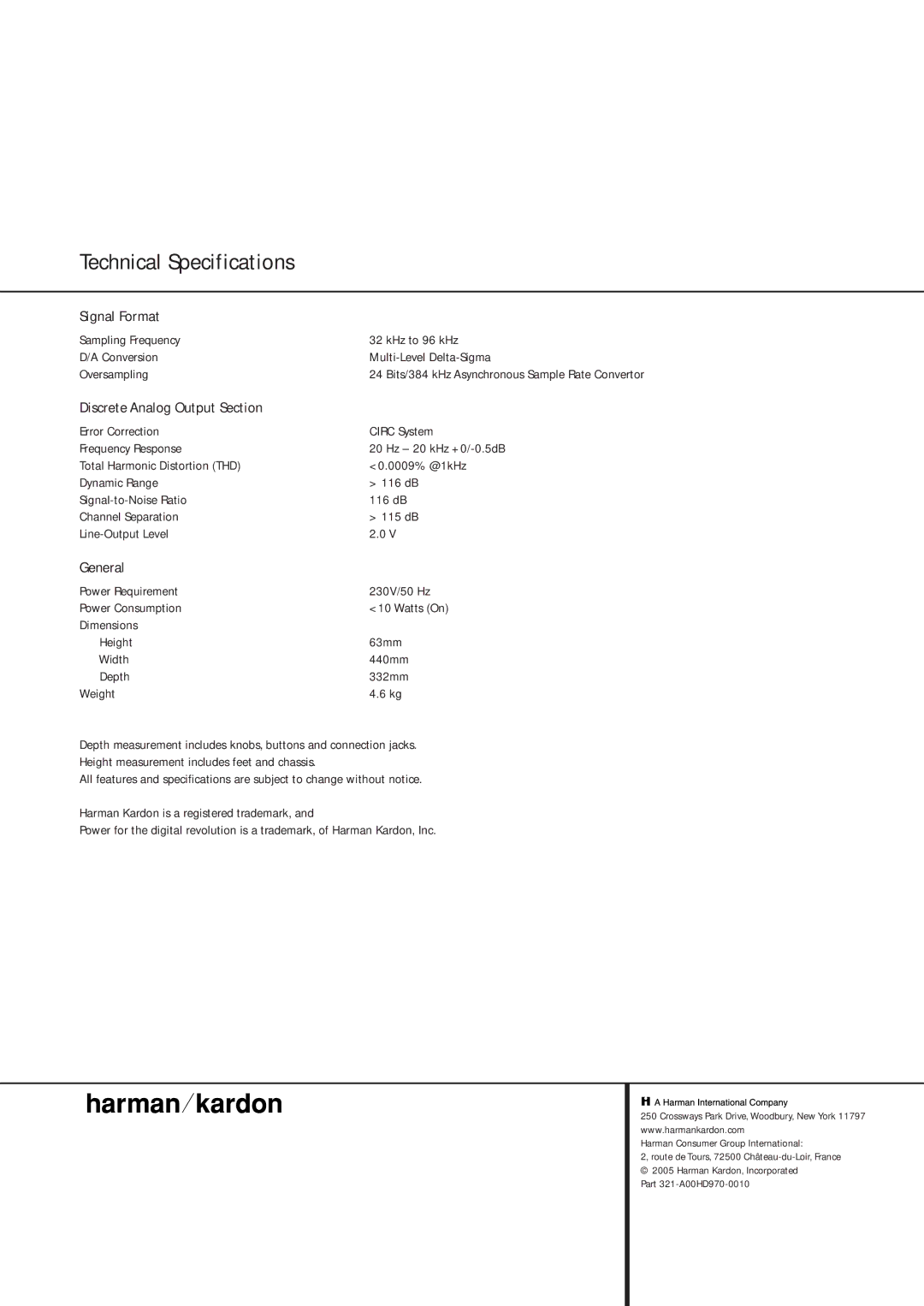 Harman-Kardon HD 970 owner manual Technical Specifications, Signal Format, Discrete Analog Output Section, General 