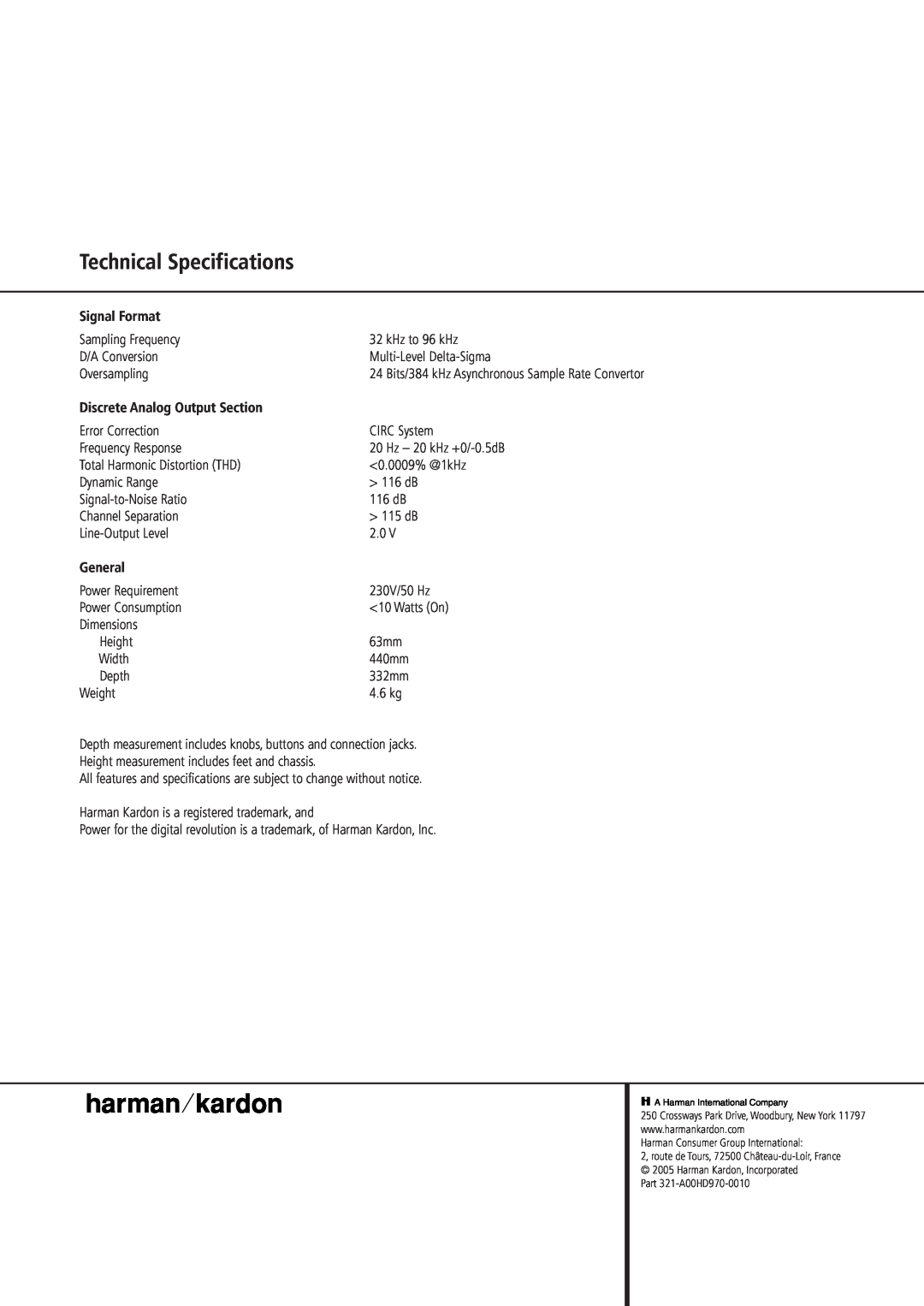 Harman-Kardon HD 970 owner manual Technical Specifications, Signal Format, Discrete Analog Output Section, General 