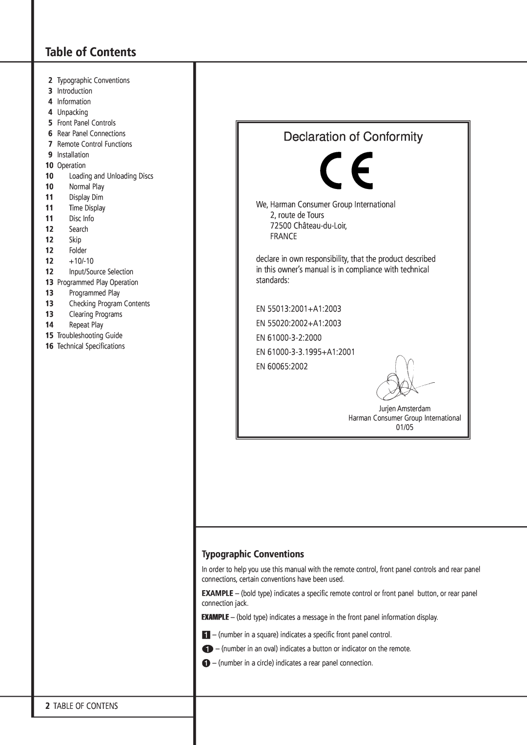 Harman-Kardon HD 970 owner manual Table of Contents, Typographic Conventions, Declaration of Conformity 