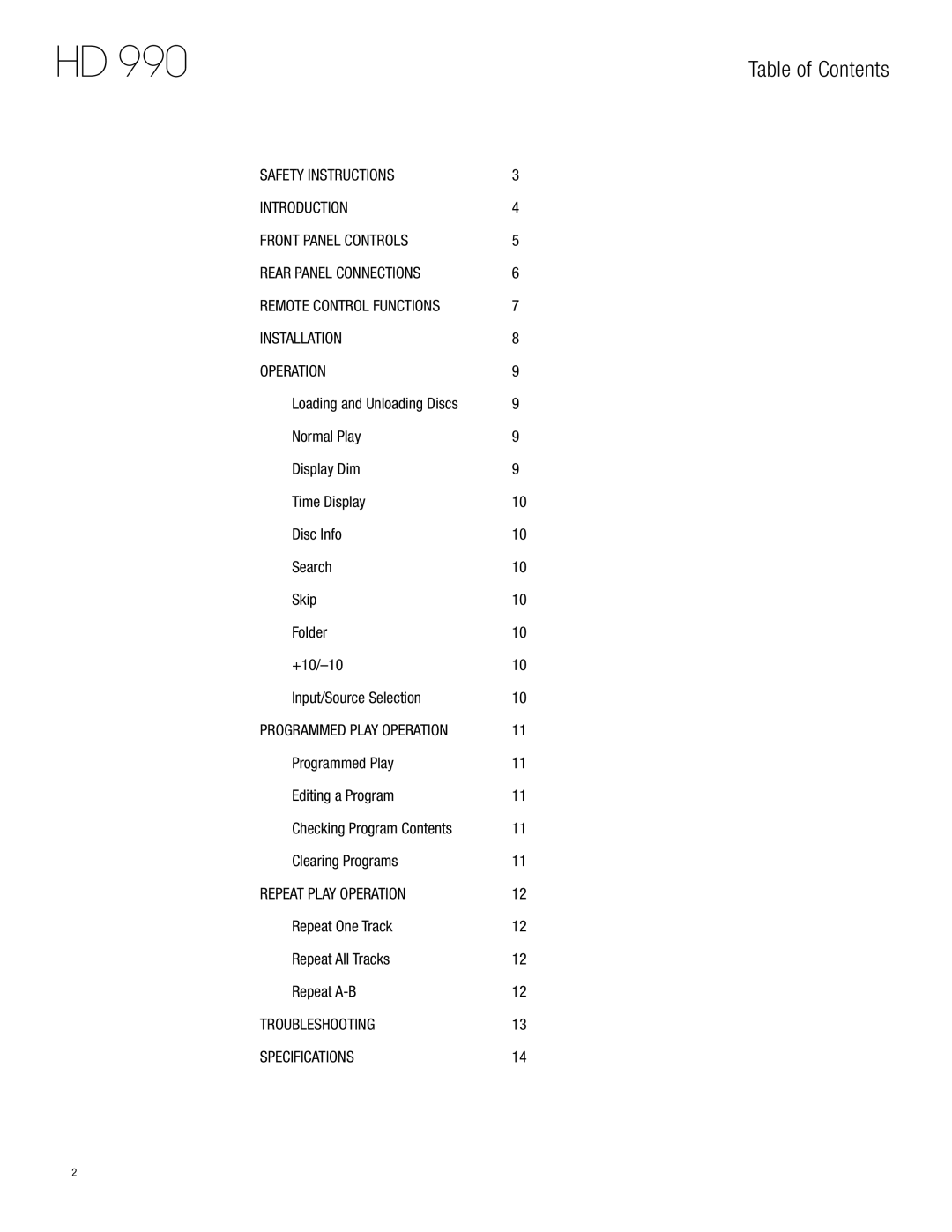 Harman-Kardon HD 990 owner manual Table of Contents 