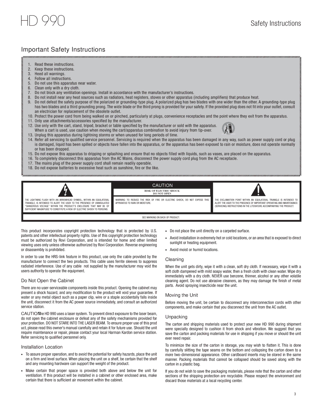 Harman-Kardon HD 990 owner manual Important Safety Instructions 