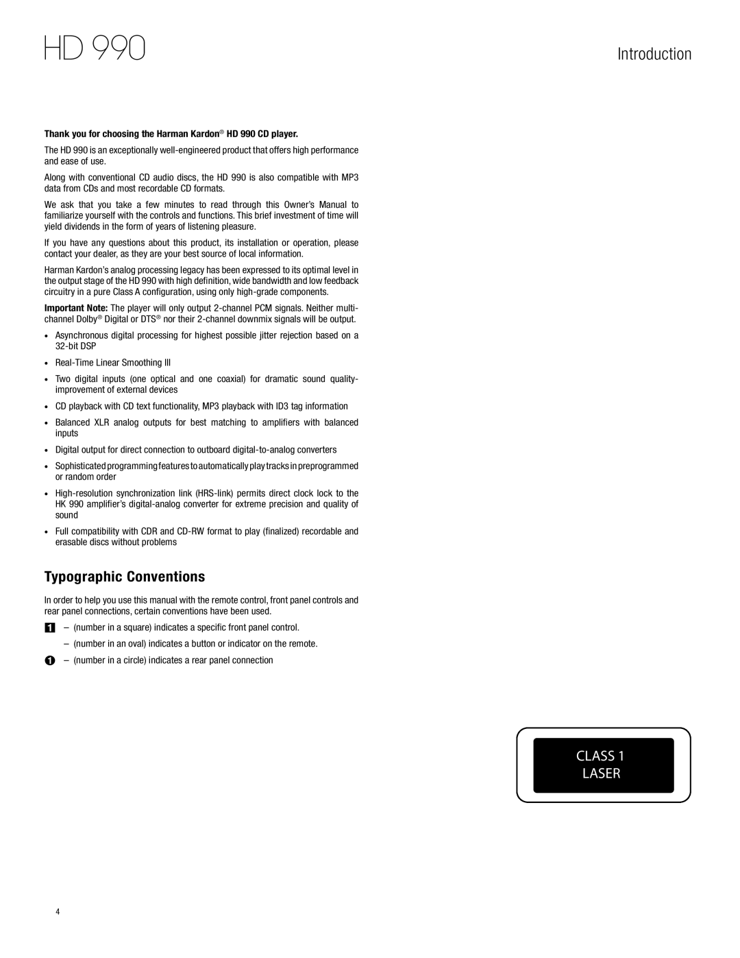 Harman-Kardon HD 990 owner manual Introduction, Typographic Conventions 