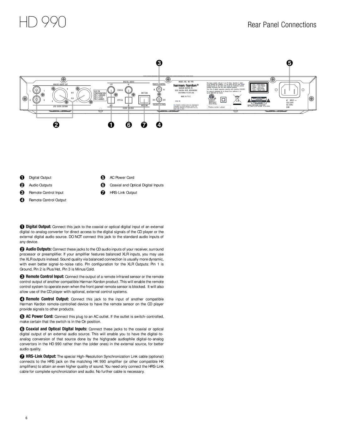 Harman-Kardon HD 990 owner manual Rear Panel Connections 