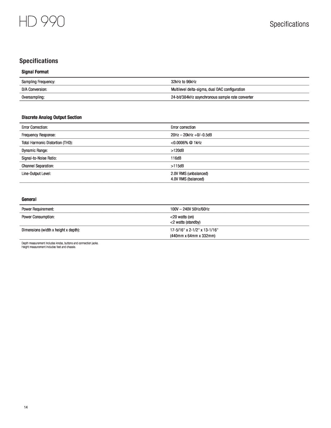 Harman-Kardon HD 990 owner manual Specifications, Signal Format, Discrete Analog Output Section, General 