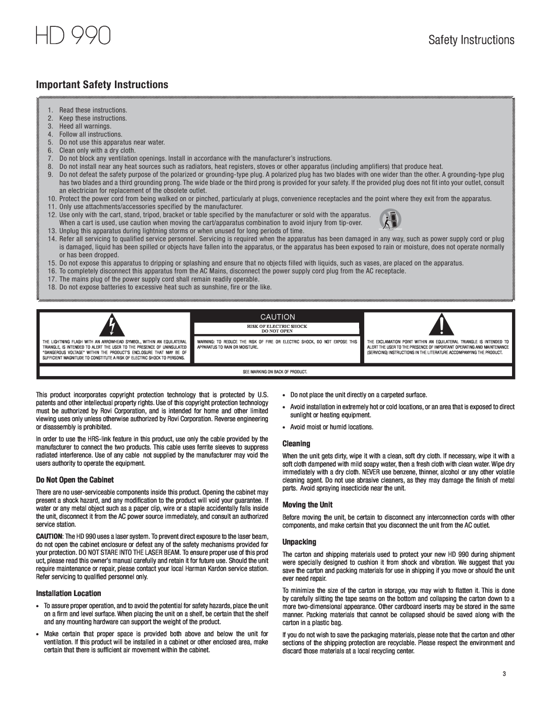Harman-Kardon HD 990 Important Safety Instructions, Do Not Open the Cabinet, Installation Location, Cleaning 