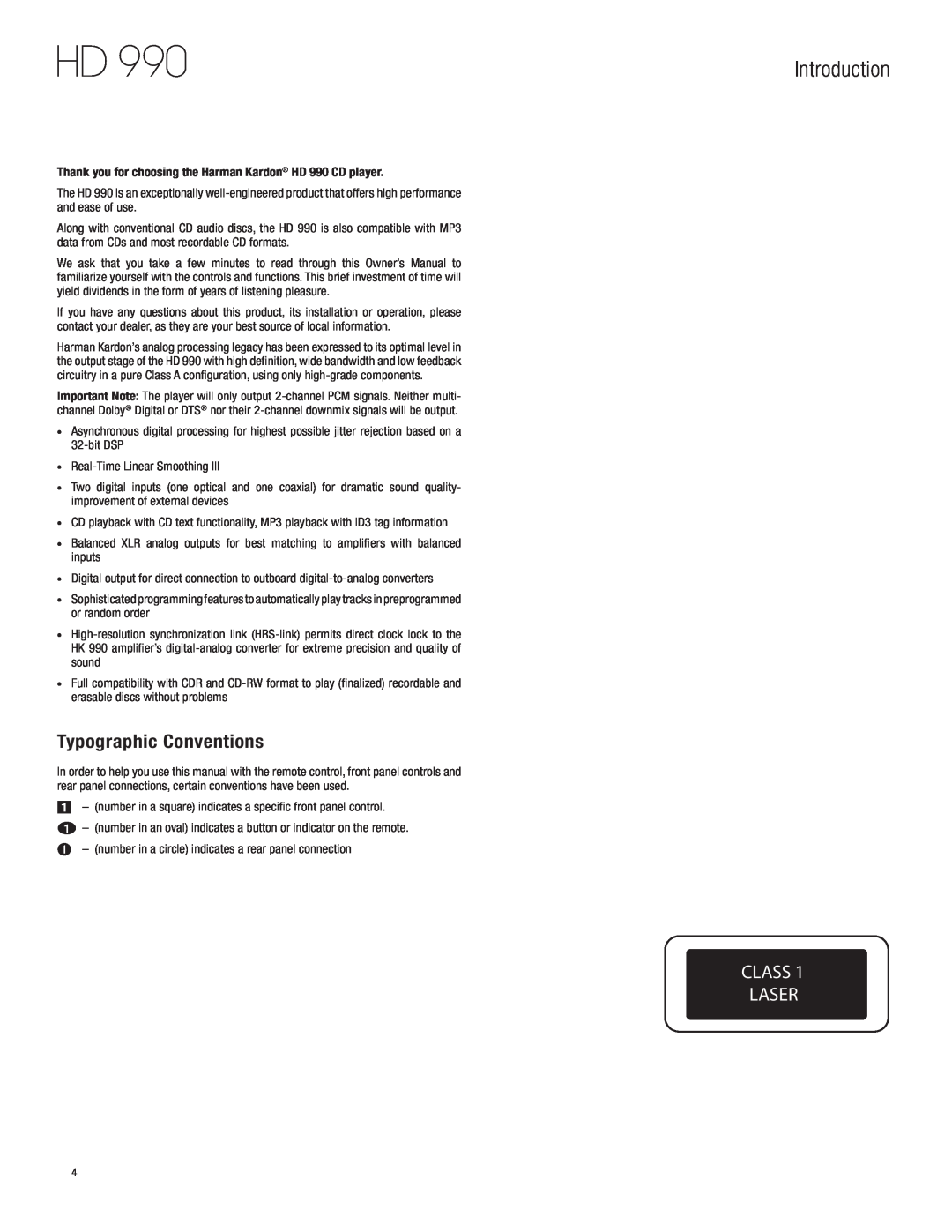 Harman-Kardon HD 990 owner manual Introduction, Typographic Conventions, Class Laser 