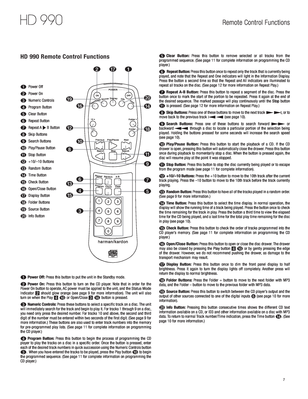 Harman-Kardon owner manual HD 990 Remote Control Functions 