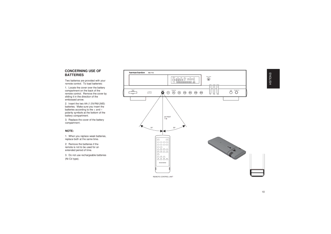 Harman-Kardon HD710 owner manual Concerning USE of Batteries, Open/Close 