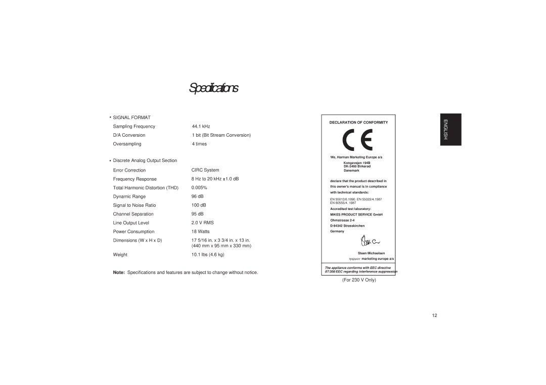 Harman-Kardon HD710 owner manual Specifications, Signal Format 